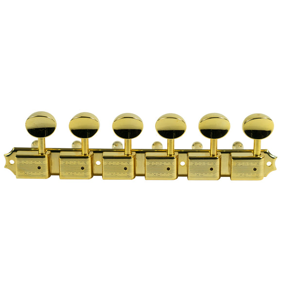 Kluson 6 On A Plate Left Hand Deluxe Series Tuning Machines - Double Line - Gold With Oval Metal Buttons